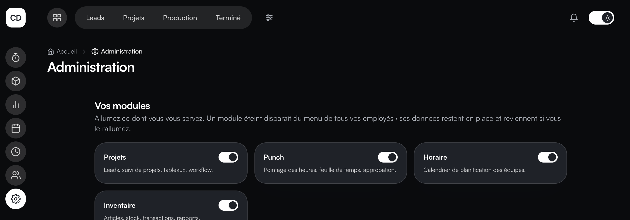 La page d'administration : chaque module s'allume ou s'éteint d'un interrupteur.