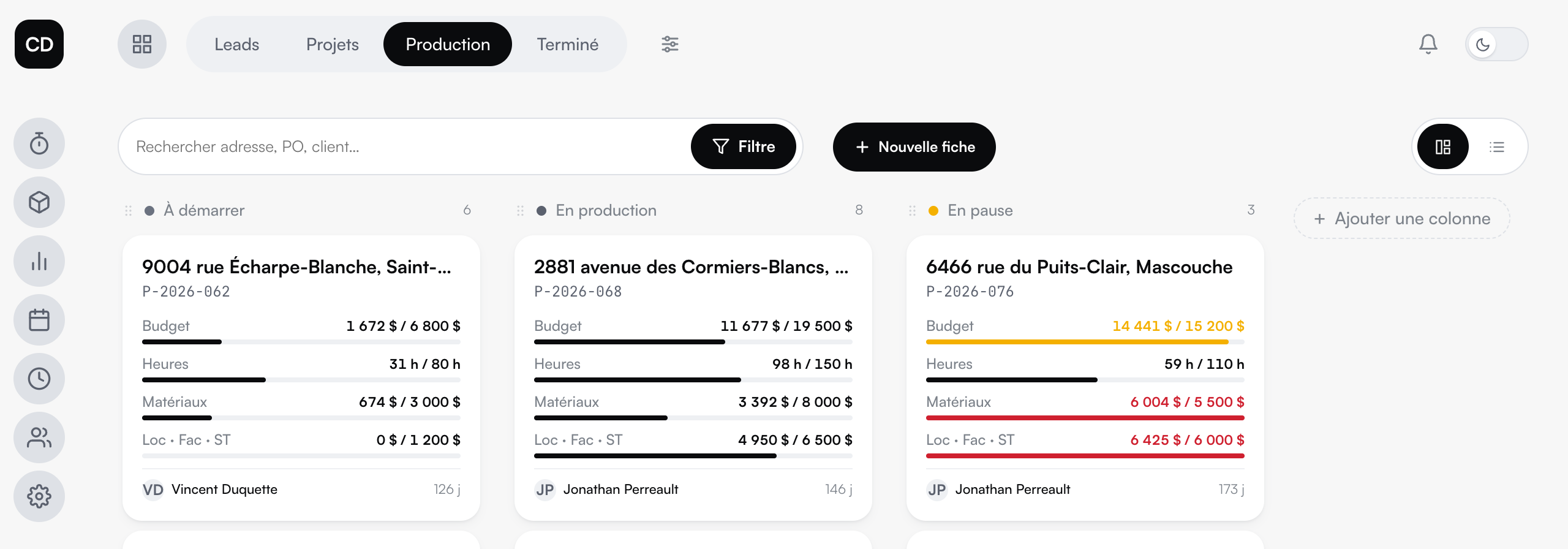Le tableau Production de la démo, en thème clair.