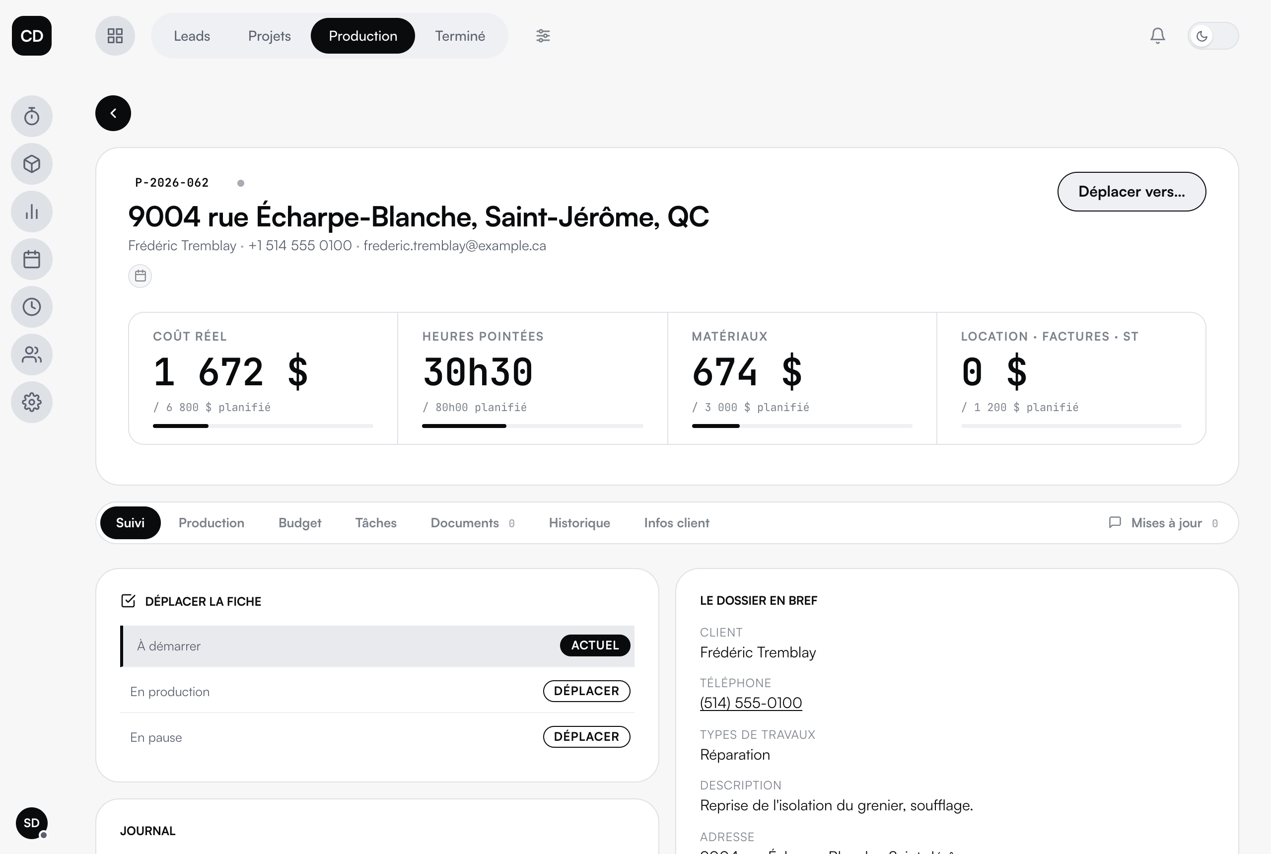 Une fiche de projet dans alesk : le client, l'adresse, le suivi d'étapes et le journal des appels, sur une seule page.