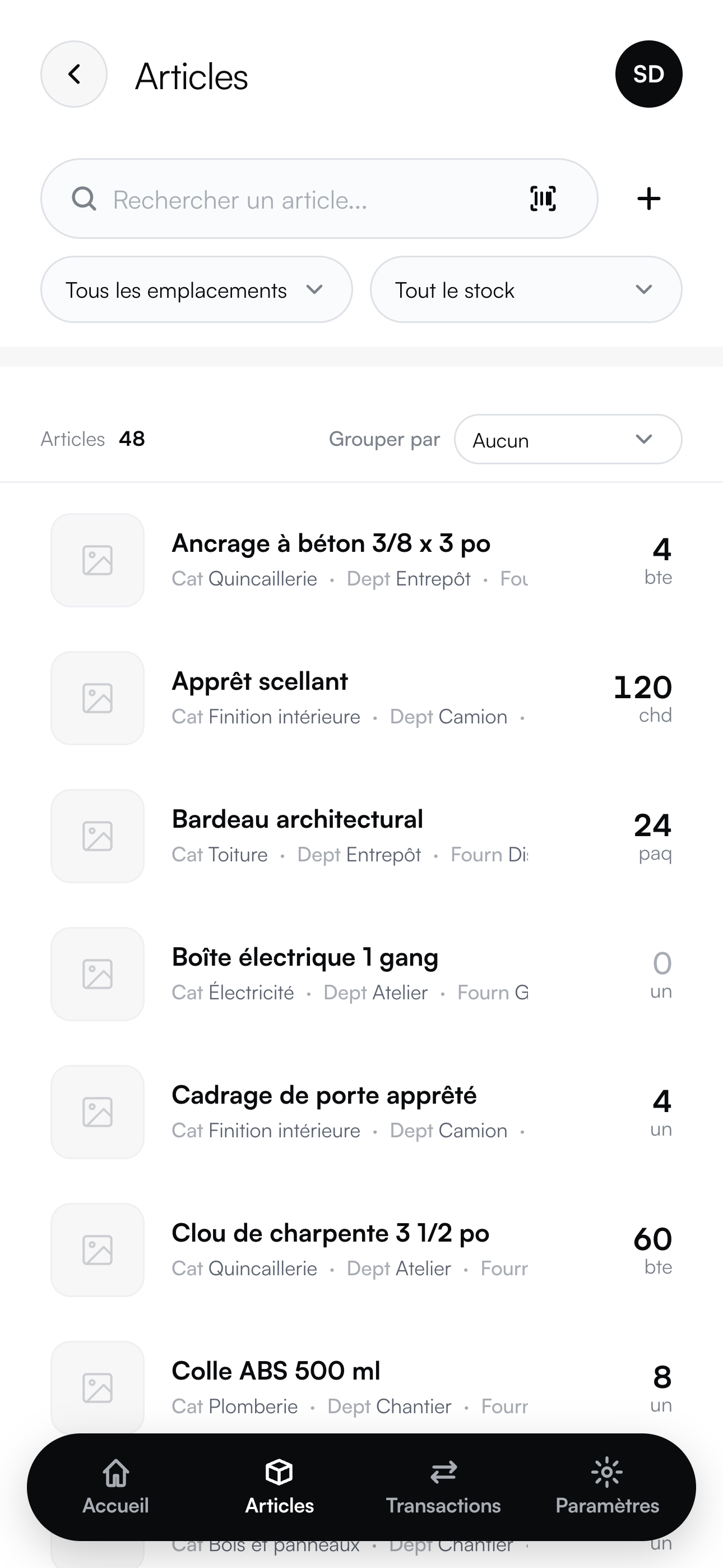 L'inventaire sur un téléphone : la recherche d'articles et le stock.