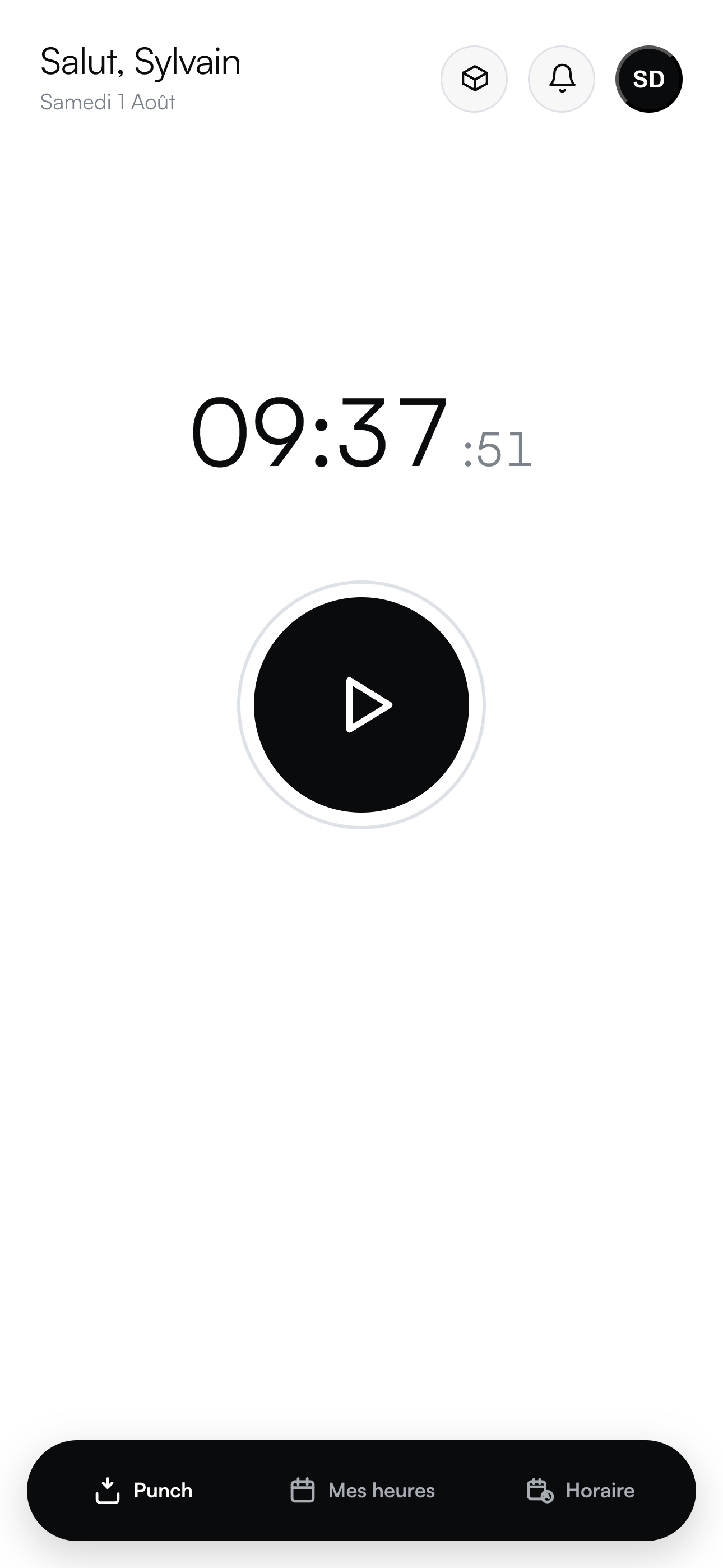 L'app Punch sur un téléphone : la grosse horloge et le bouton pour pointer.