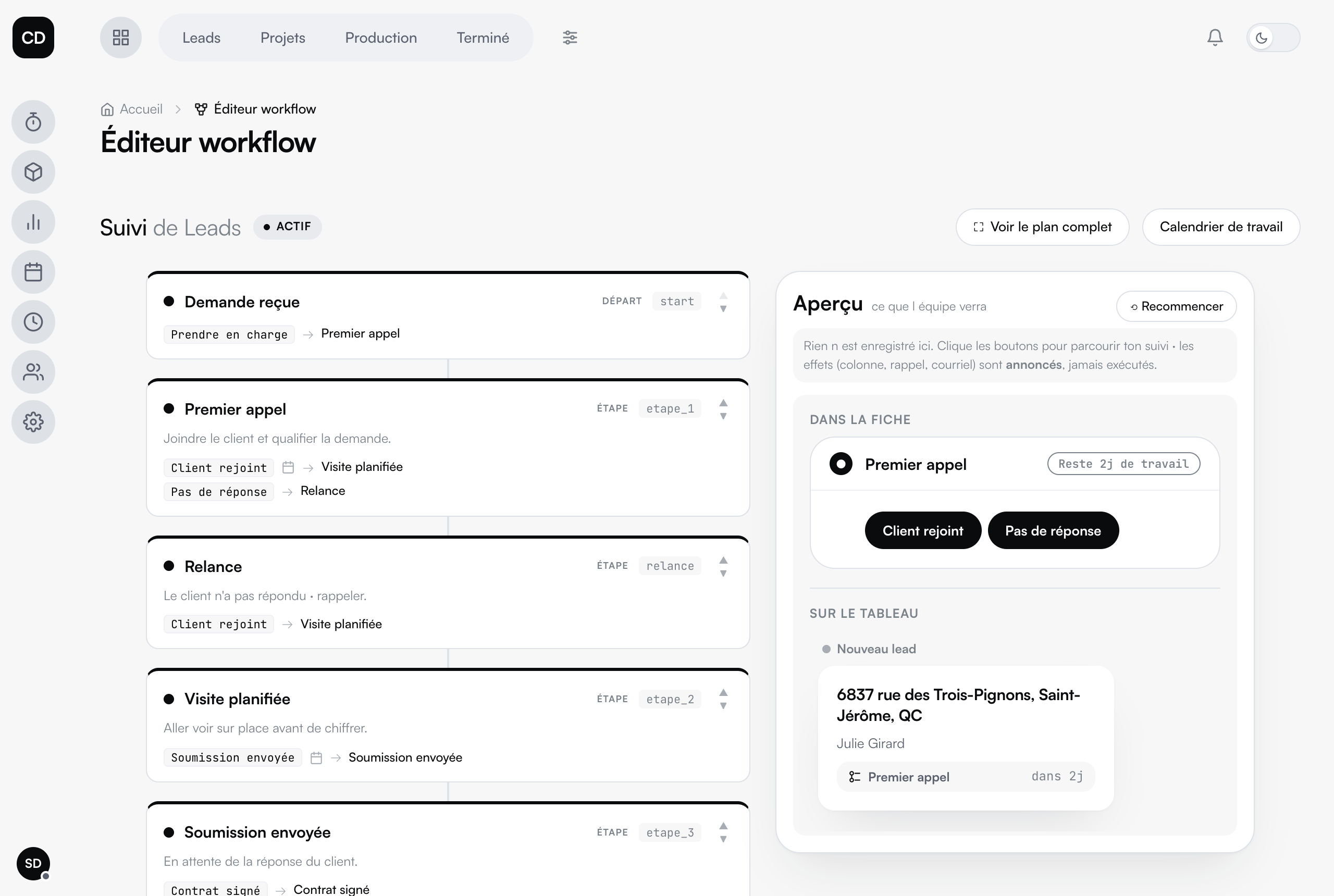 L'éditeur workflow dans alesk : les étapes du suivi de leads, de la demande reçue au contrat signé, avec les embranchements.